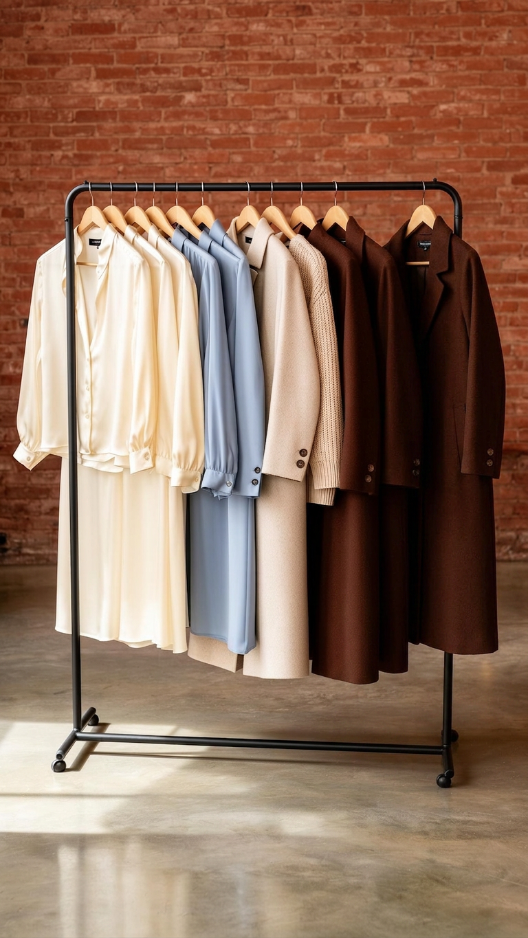 A black clothing rack of preloved garments inside our Ballarat shop, against a warm red-brick wall